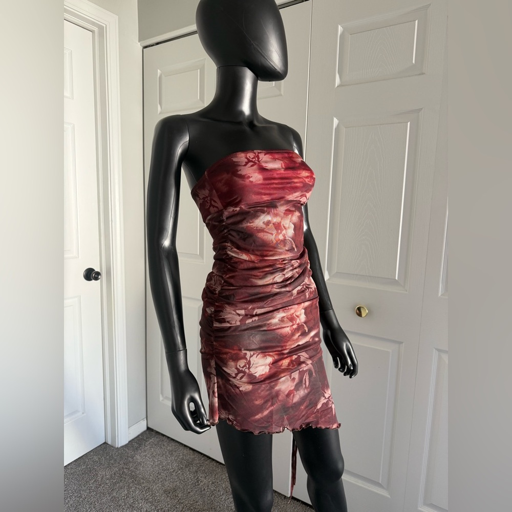 Red Tie Dye Y2k Mesh Mini Dress Strapless Bodycon Tube Dresses